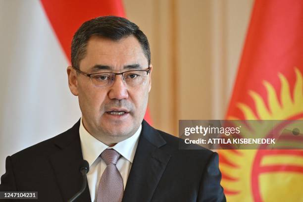 The Kyrgyz President Sadyr Japarov speaks at a joint press conference with the Hungarian President in the presidential palace in Budapest, Hungary,...