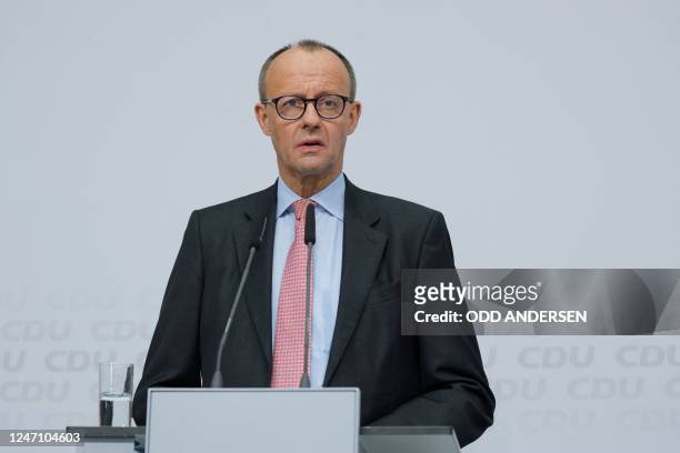 Leader of Germany's conservative Christian Democratic Union party Friedrich Merz speaks during a joint press conference with the party's top...