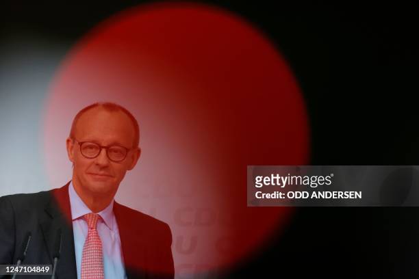 Leader of Germany's conservative Christian Democratic Union party Friedrich Merz is pictured during a joint press conference with the party's top...