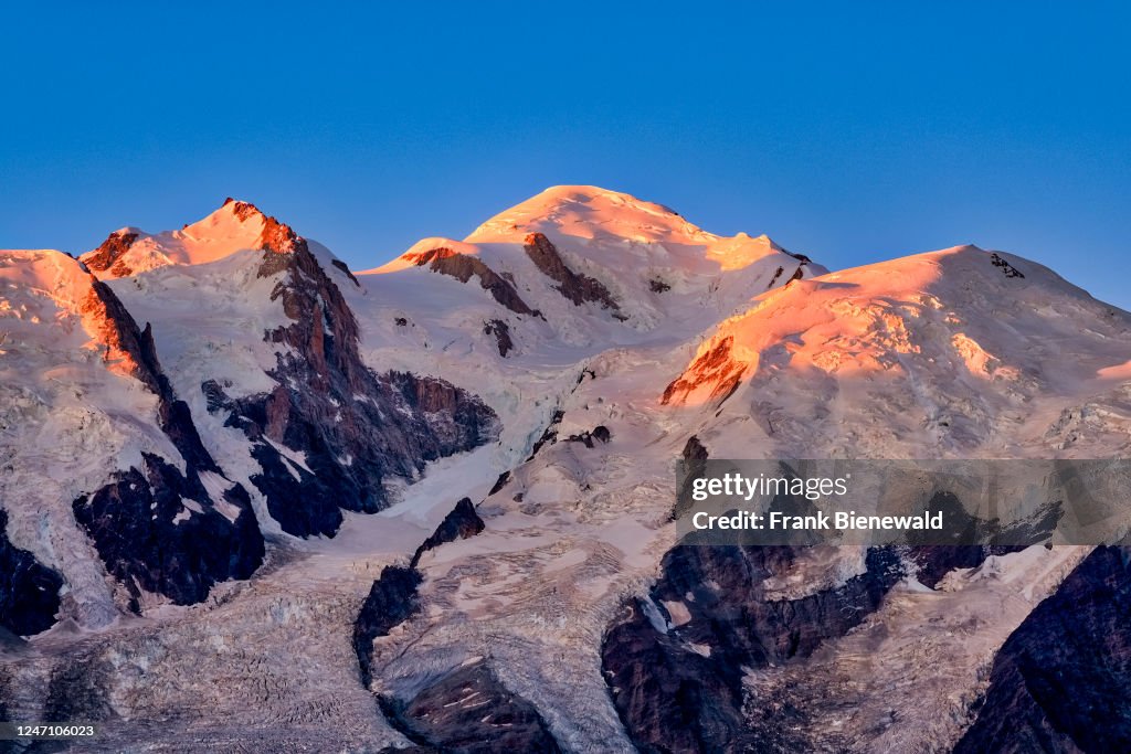The summits of Mont Maudit, Mont Blanc and Dome du Goutier,