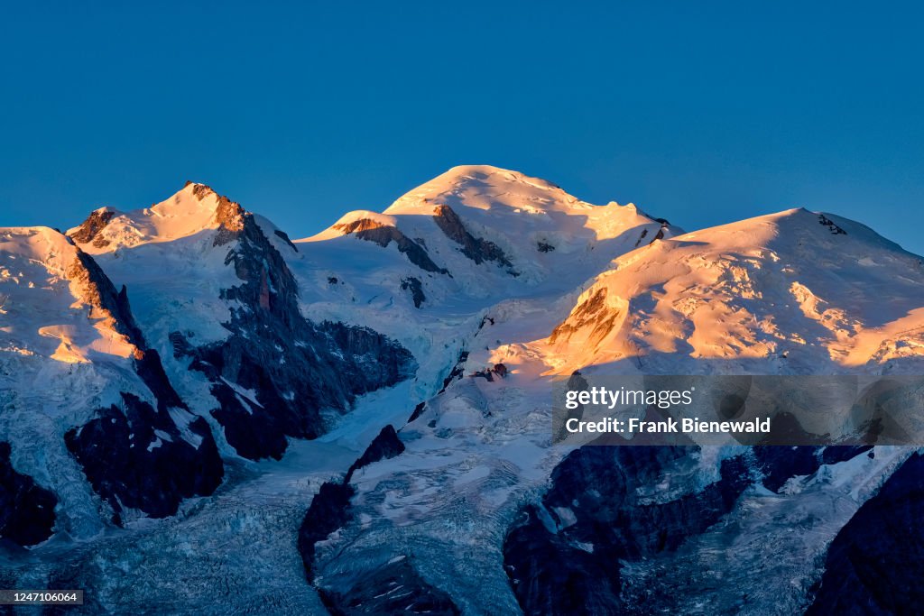 The summits of Mont Maudit, Mont Blanc and Dome du Goutier,