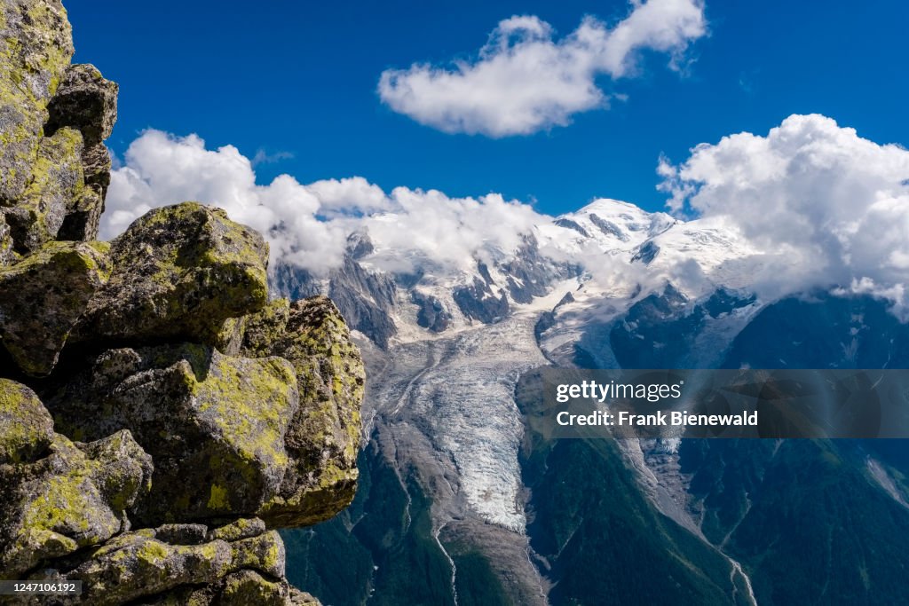 The summit of Mont Blanc and the Bossons Glacier, seen from...