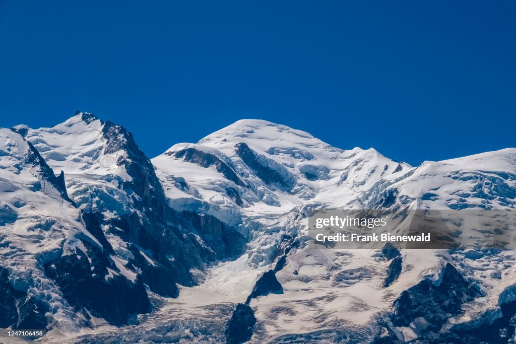 The summit of Mont Blanc and the Bossons Glacier, seen from...