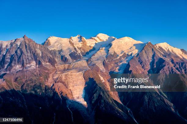 The summits of Aiguille du Midi, Mont Blanc du Tacul, Mont Maudit, Mont Blanc and Dome du Goutier, from left, seen from Le Brevent at sunset.