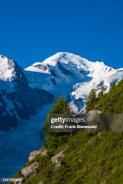 The summits of Mont Maudit and Mont Blanc, from left, and the Bossons Glacier, seen from Le Brevent.