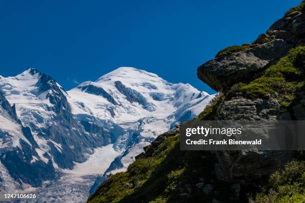 The summits of Mont Maudit and Mont Blanc, from left, and the Bossons Glacier, seen from Le Brevent.