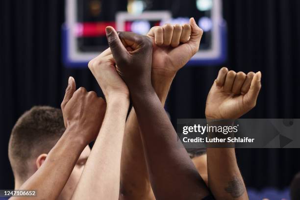 The Westchester Knicks during pregame warmups against the Sioux Falls Skyforce on February 10, 2023 in Bridgeport, CT. NOTE TO USER: User expressly...