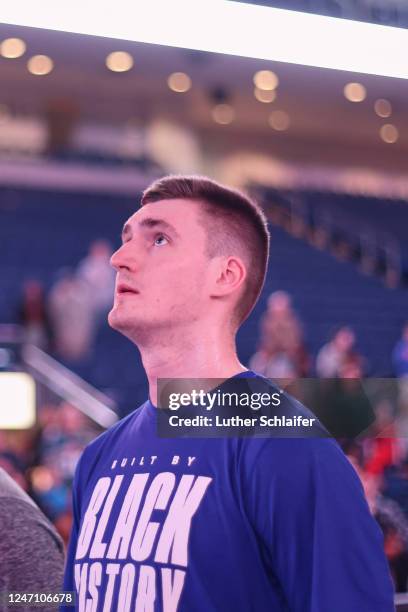Dmytro Skapintsev of the Westchester Knicks during the national anthem against the Sioux Falls Skyforce on February 10, 2023 in Bridgeport, CT. NOTE...