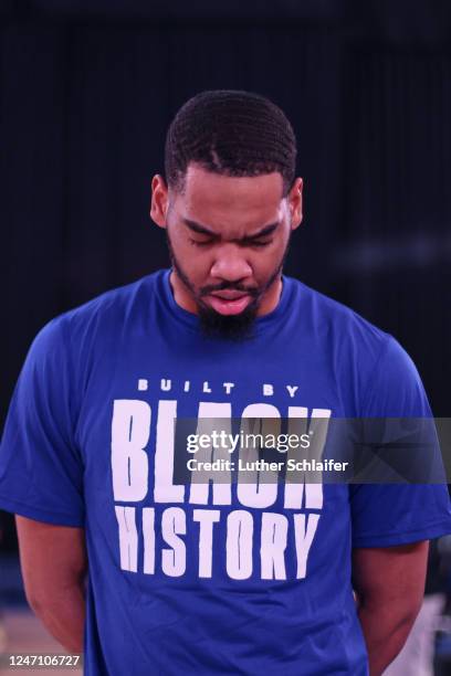 Garrison Brooks of the Westchester Knicks during the national anthem against the Sioux Falls Skyforce on February 10, 2023 in Bridgeport, CT. NOTE TO...