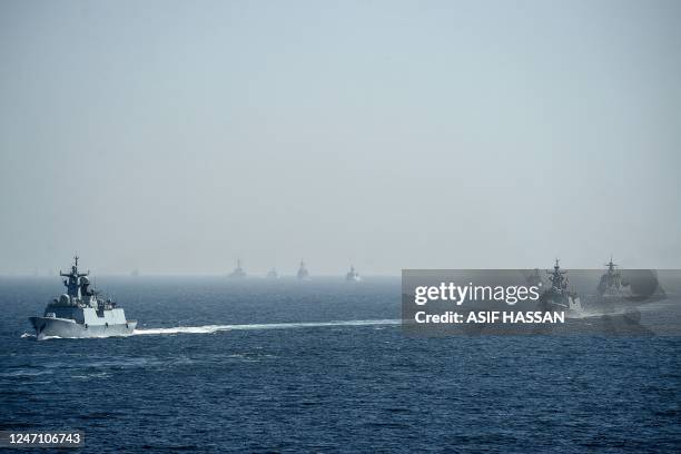 Pakistan and others participating countries' Naval ships take part during the multinational naval exercise 'AMAN-23' in the Arabian Sea near...