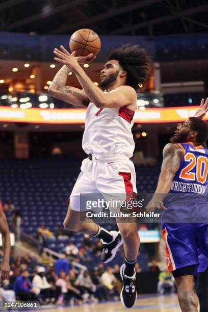 Justin Champagnie of the Sioux Falls Skyforce shoots the ball during the game against the Westchester Knicks on February 10, 2023 in Bridgeport, CT....