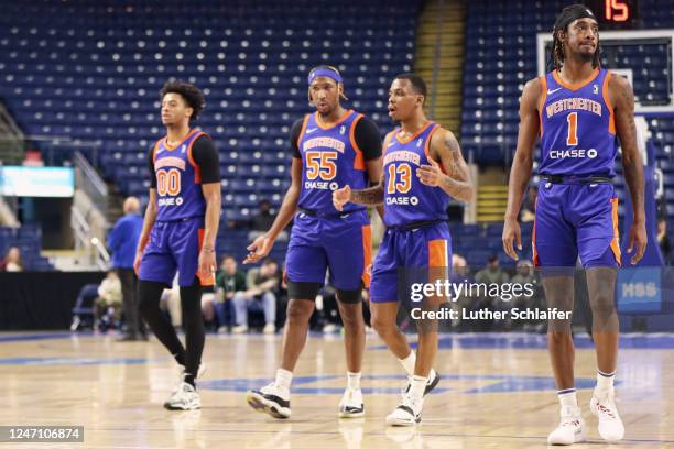 The Westchester Knicks coming out of a timeout during the game against the Sioux Falls Skyforce on February 10, 2023 in Bridgeport, CT. NOTE TO USER:...