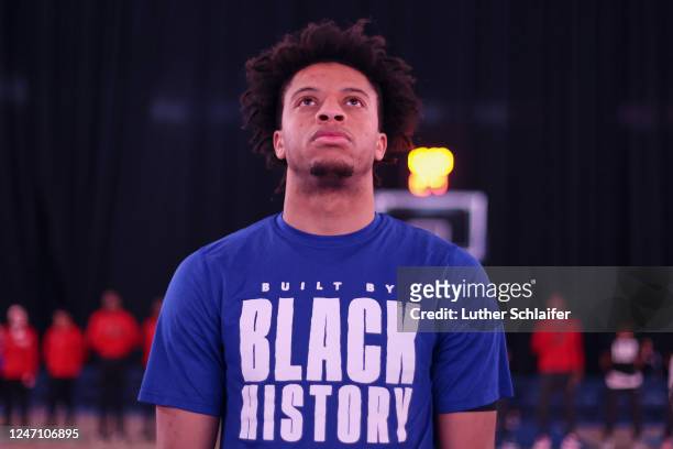 Obadiah Noel of the Westchester Knicks during the national anthem against the Sioux Falls Skyforce on February 10, 2023 in Bridgeport, CT. NOTE TO...