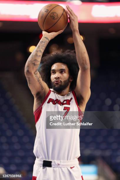 Justin Champagnie of the Sioux Falls Skyforce shoots a free throw during the game against the Westchester Knicks on February 10, 2023 in Bridgeport,...