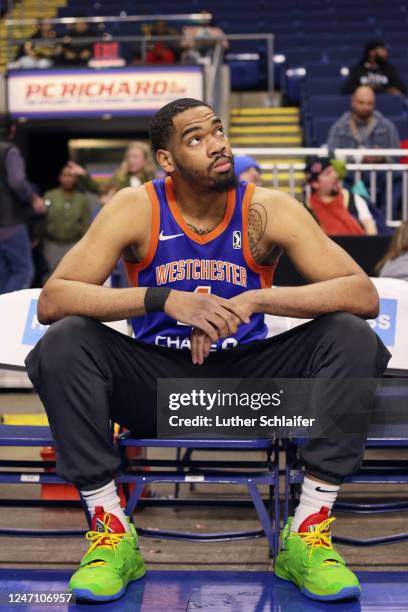 Garrison Brooks of the Westchester Knicks during player introductions against the Sioux Falls Skyforce on February 10, 2023 in Bridgeport, CT. NOTE...