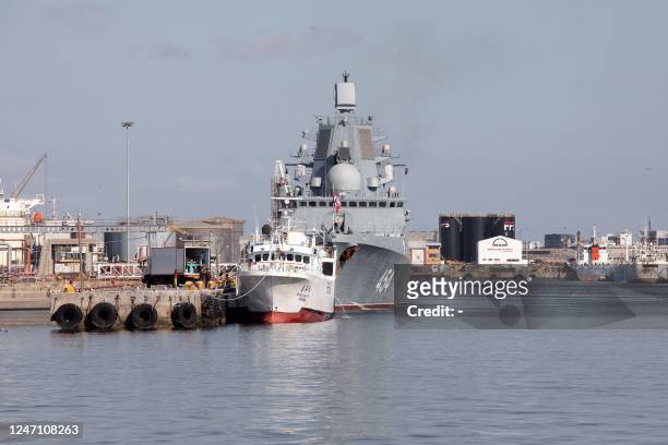 General view of Russian military frigate 'Admiral Gorshkov' docked in the harbour of Cape Town on February 13, 2023 ahead of 10-day joint maritime...
