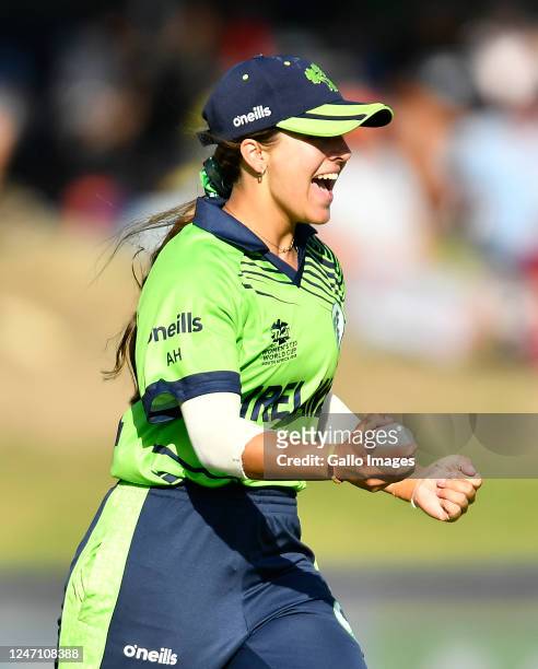 Amy Hunter of Ireland celebrates after taking a catch to dismiss Nat Sciver-Brunt of England during the ICC Women's T20 World Cup match between...