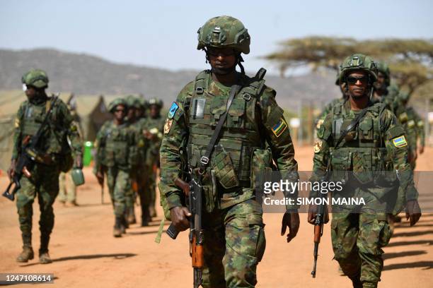 Rwandan Armed Forces soldiers are seen during training at the Justified Accord multinational training exercise at the Kenya school of infantry in...