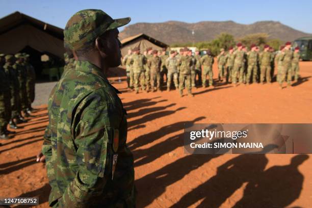 Soldiers from different countries assemble before training at the Justified Accord multinational training exercise at the Kenya school of infantry in...