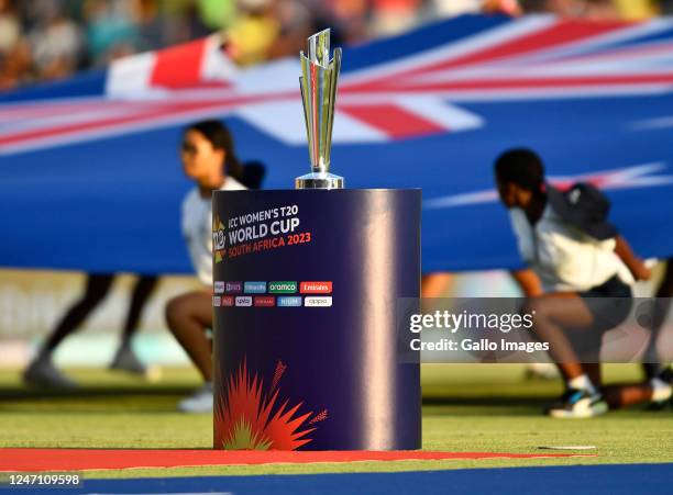 Women's T20 World Cup trophy ahead of the ICC Women's T20 World Cup match between South Africa and New Zealand at Boland Park on February 13, 2023 in...