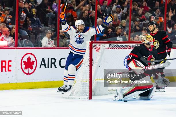 Edmonton Oilers Defenceman Brett Kulak celebrates a goal during third period National Hockey League action between the Edmonton Oilers and Ottawa...