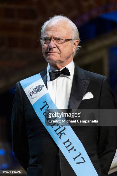King Carl XVI Gustaf of Sweden attends the inaugural banquet Stockholm - Europe's Gastronomic Capital 2023 at the Stockholm City Hall on February 13,...