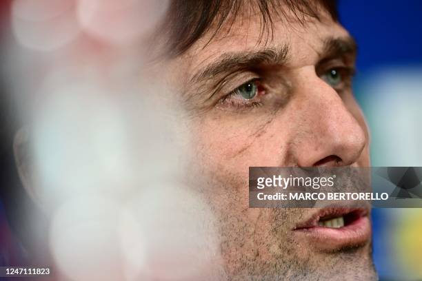 Tottenham Hotspur's Italian head coach Antonio Conte speaks during a press conference on February 13, 2023 at the San Siro stadium in Milan, on the...
