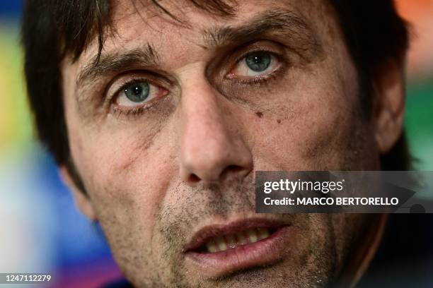 Tottenham Hotspur's Italian head coach Antonio Conte speaks during a press conference on February 13, 2023 at the San Siro stadium in Milan, on the...