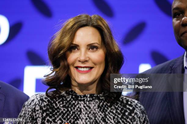 Michigan Gov. Gretchen Whitmer poses for a photo after speaking at a press conference where it was announced that Ford Motor Company will be...