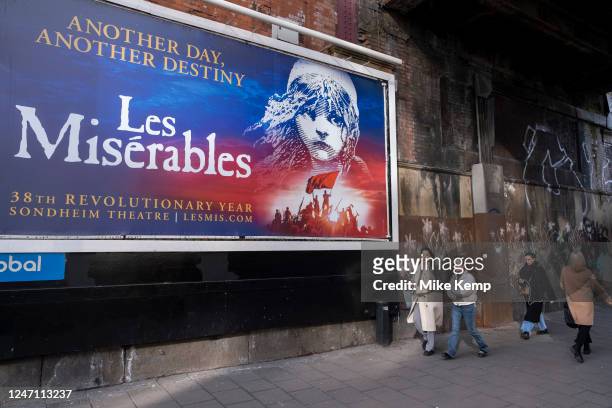 West End theatre show billboard advertising posters for the Theatreland hit Les Miserables in Waterloo on 10th February 2023 in London, United...