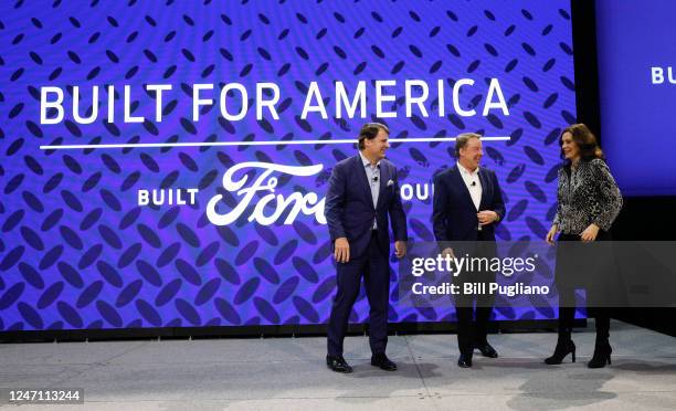 Jim Farley , CEO of Ford, Bill Ford , Executive Chairman of Ford Motor Company, and Michigan Gov. Gretchen Whitmer take to the state for a photo...