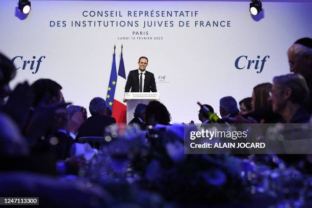 President Yonathan Arfi delivers a speech during the 37th annual dinner of the Representative Council of Jewish Institutions of France in Paris, on...