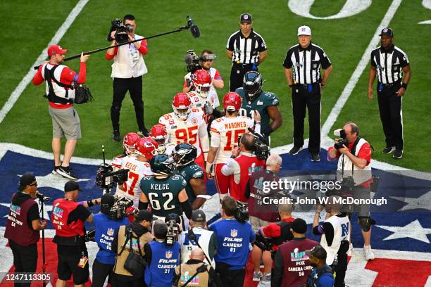 Super Bowl LVII: Kansas City Chiefs Patrick Mahomes shakes hands with Philadelphia Eagles Fletcher Cox at State Farm Stadium. Glendale, AZ 2/12/2023...