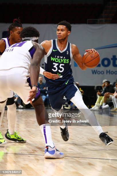Dozier of the Iowa Wolves handles the ball against the Stockton Kings during an NBA G-League game on February 13, 2023 at the Wells Fargo Arena in...