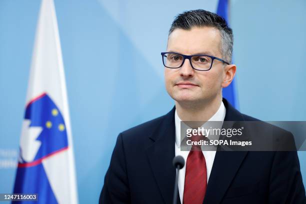 Slovenian Minister of defense Marjan Sarec attends a press conference after bilateral talks with Austrian Minister of Defense Klaudia Tanner in...