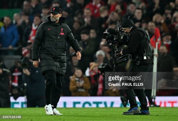 Television camera operator films Liverpool's German manager Jurgen Klopp after the English Premier League football match between Liverpool and...
