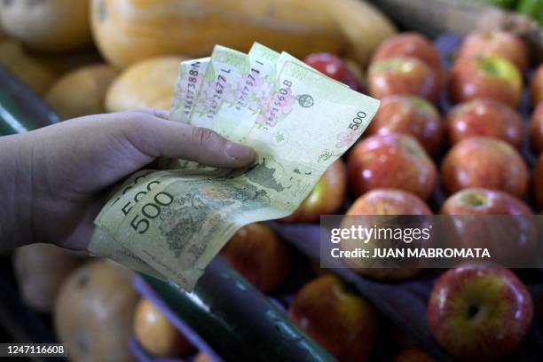 Woman holds Argentine banknotes of 500 pesos to pay for fruits and vegetables at a retail stall of the Central Market of Buenos Aires on February 10...