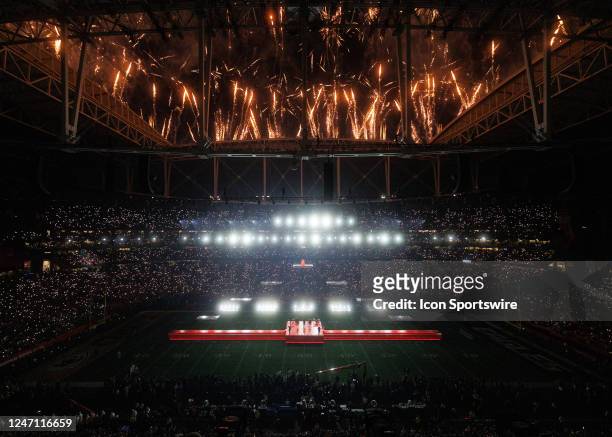 Rihanna performs at halftime during Super Bowl LVII between the Philadelphia Eagles and the Kansas City Chiefs on Sunday, February 12th, 2023 at...