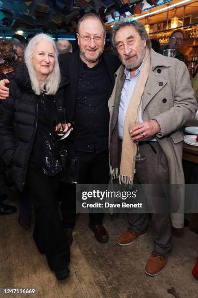 Jenny De Yong, Dan Patterson and Howard Jacobson attend the press night after party for "Winner's Curse" at The Park Theatre on February 13, 2023 in...