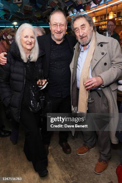 Jenny De Yong, Dan Patterson and Howard Jacobson attend the press night after party for "Winner's Curse" at The Park Theatre on February 13, 2023 in...