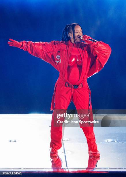 Rihanna performs at halftime during Super Bowl LVII between the Philadelphia Eagles and the Kansas City Chiefs on Sunday, February 12th, 2023 at...