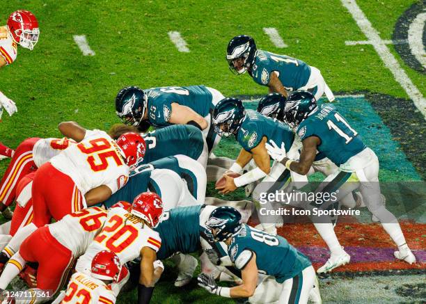 Philadelphia Eagles quarterback Jalen Hurts runs a quarterback sneak during Super Bowl LVII between the Philadelphia Eagles and the Kansas City...