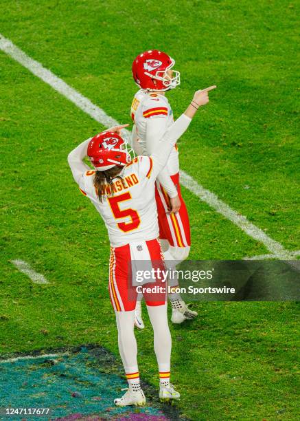 Kansas City Chiefs punter Tommy Townsend and Kansas City Chiefs place kicker Harrison Butker celebrate the game winning field goal during Super Bowl...