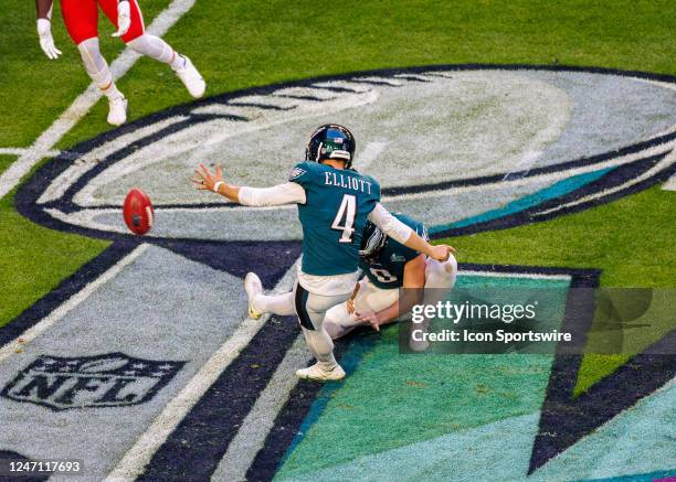 Hiladelphia Eagles place kicker Jake Elliott kicks a PAT nduring Super Bowl LVII between the Philadelphia Eagles and the Kansas City Chiefs on...