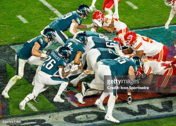Philadelphia Eagles quarterback Jalen Hurts runs a quarterback sneak during Super Bowl LVII between the Philadelphia Eagles and the Kansas City...