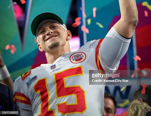 Kansas City Chiefs quarterback Patrick Mahomes hoists the Lombardi Trophy after leading the Chiefs to a Super Bowl LVII victory, 38-35, over the...