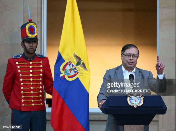 Colombian President Gustavo Petro speaks during an event to present a health care reform bill to be discussed at the Congress at Narino presidential...