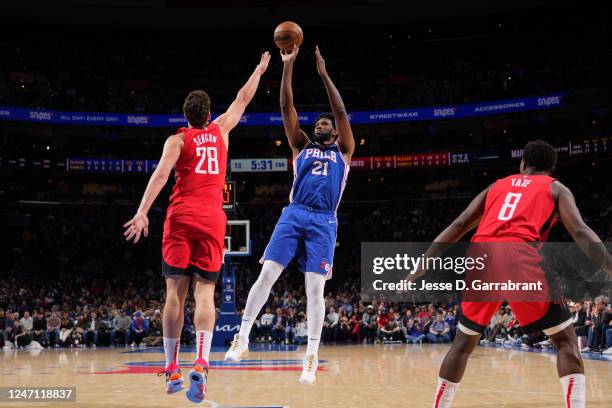 Joel Embiid of the Philadelphia 76ers shoots the ball during the game against the Houston Rockets on February 13, 2023 at the Wells Fargo Center in...