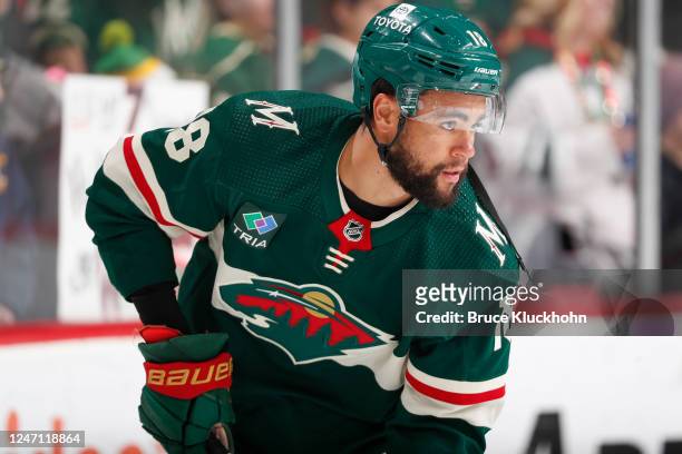 Jordan Greenway of the Minnesota Wild warms up prior to the game against the Florida Panthers at the Xcel Energy Center on February 13, 2023 in Saint...
