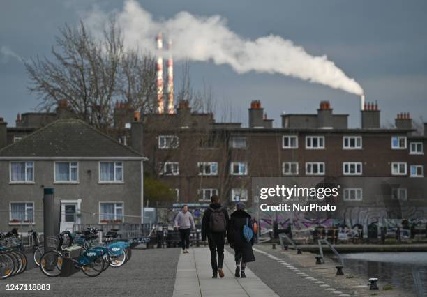 View of the appartment blocks in the Irishtown area seen from the Grand Canal Basin in Dublin, Ireland, on February 12, 2023.